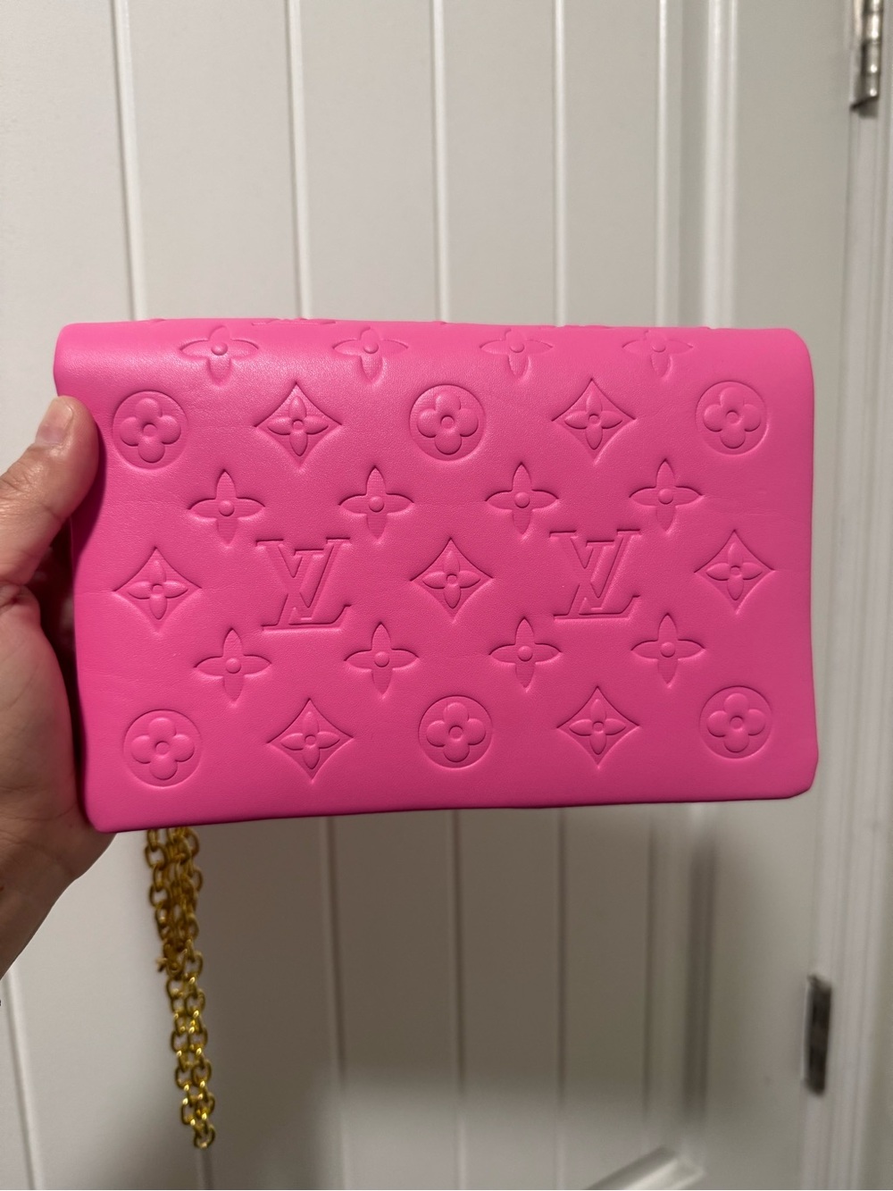 Hot Pink Embossed Monogram Chain Clutch